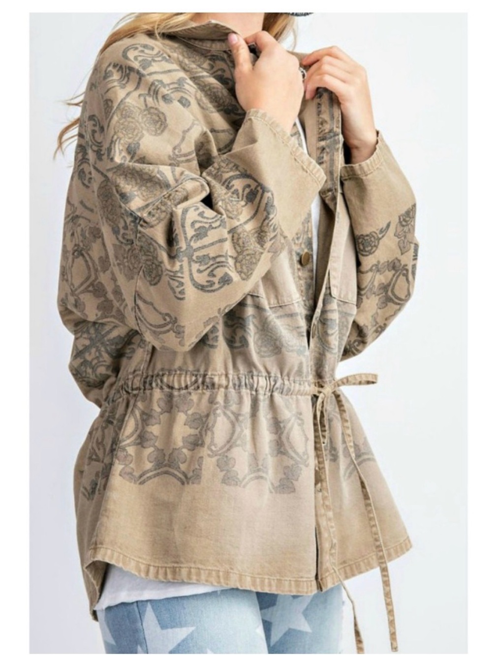 Easel Printed Utility Jacket Small Beige Boho Cotton Drawstring Jacket